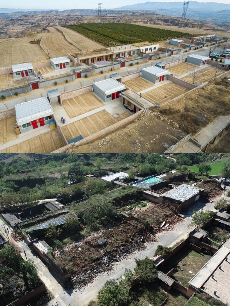 拼版照片，上圖是2022年1月山西省霍州市師莊鄉(xiāng)馮南垣村災(zāi)后恢復(fù)重建后的場景，下圖是2021年10月村莊因?yàn)?zāi)受損的場景。(霍州市委宣傳部供圖)