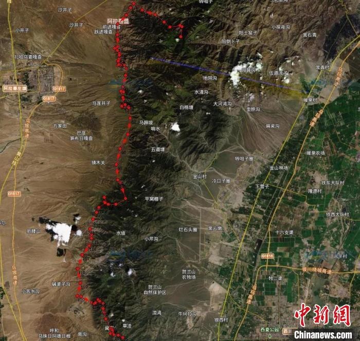 圖為雪豹在春節(jié)前后的活動(dòng)軌跡?！?nèi)蒙古賀蘭山國(guó)家級(jí)自然保護(hù)區(qū)供圖