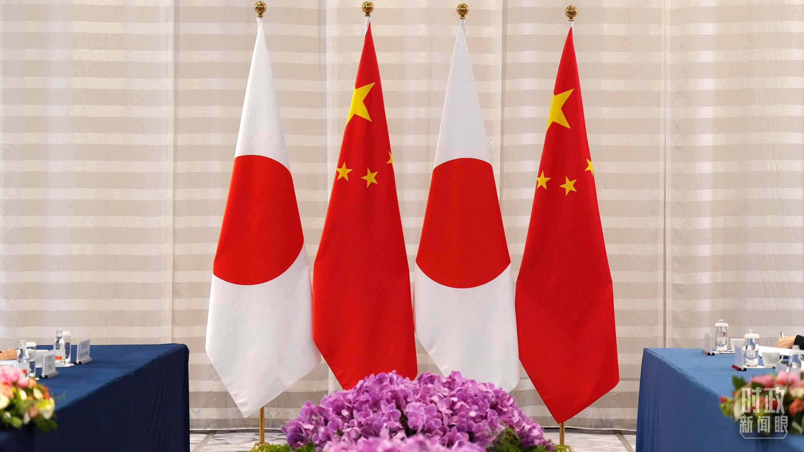 △會談現場的中日兩國國旗。（總臺國廣記者李晉拍攝）