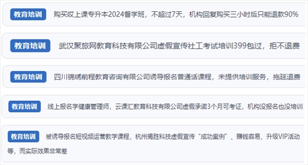 “人民投訴”用戶舉報機構(gòu)虛假宣傳包過包拿證、虛假承諾收益效果、課程服務(wù)貨不對板、退款難等在線教培亂象。（“人民投訴”平臺截圖）