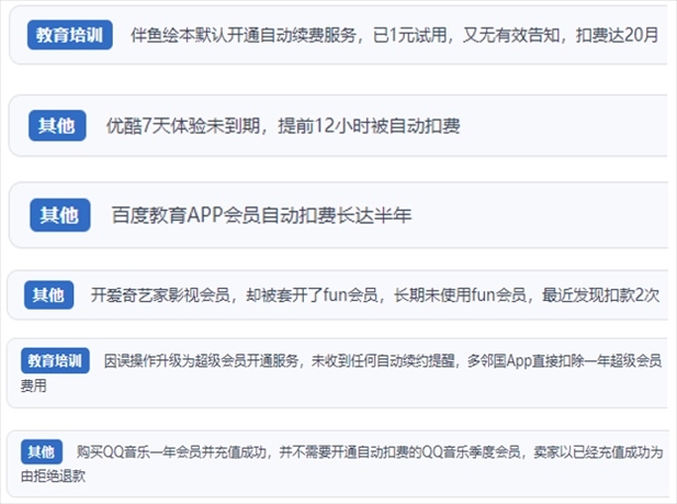 “人民投訴”用戶投訴部分App未征得用戶同意擅自開啟自動扣續(xù)費、以免費試用誘導(dǎo)充值、私自為用戶套開會員等侵權(quán)行為。（“人民投訴”平臺截圖）