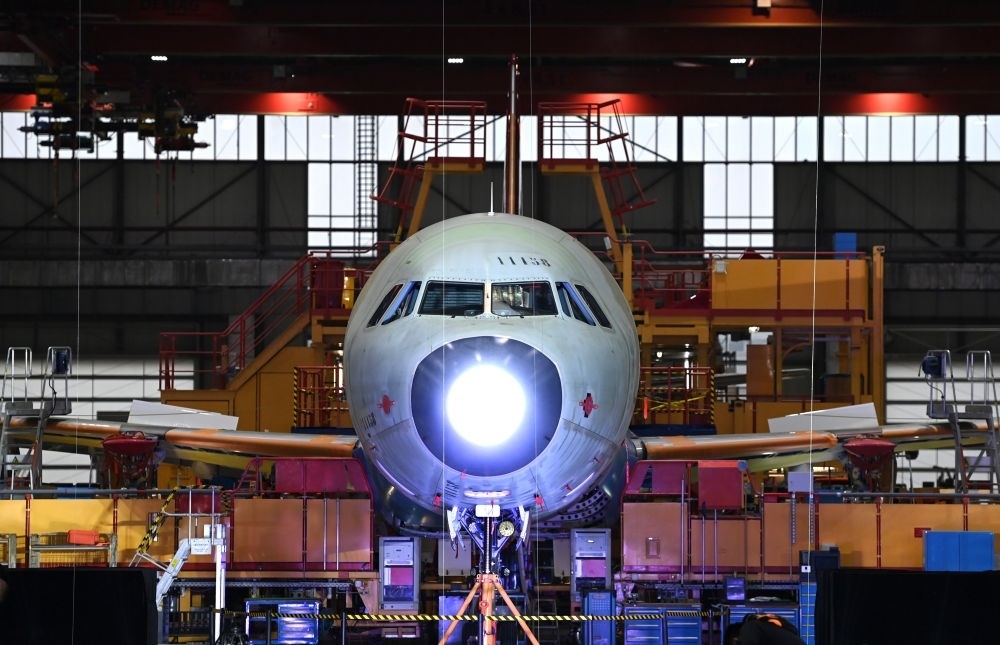2022年11月9日，在空客天津總裝線，其首架空客A321飛機(jī)上線開始總裝。新華社記者 趙子碩 攝