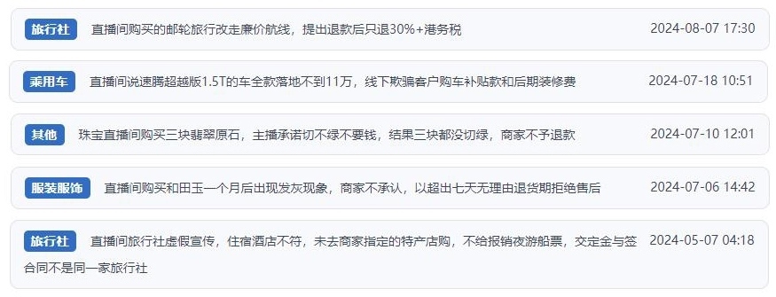 近期網(wǎng)友涉及直播購物相關(guān)投訴問題。（“人民投訴”用戶投訴截圖）