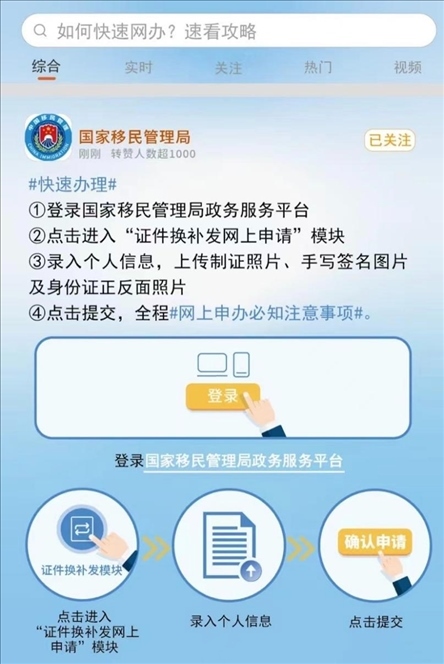 國家移民管理局出入境證件“全程網(wǎng)辦”流程。圖片來源：微信公眾號“國家移民管理局”
