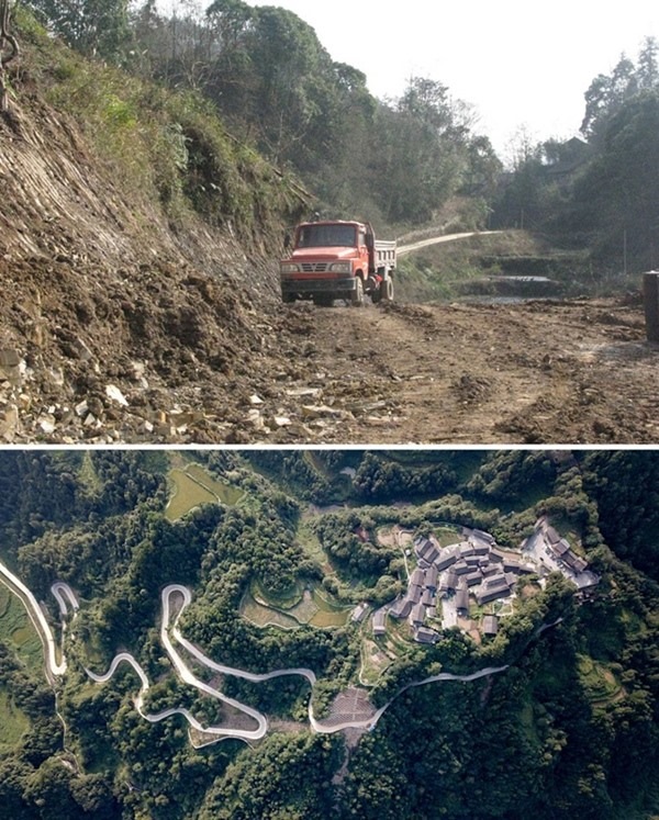 拼版照片：上圖為2011年12月拍攝的湖南省湘西土家族苗族自治州花垣縣十八洞村進村道路；下圖為2019年9月拍攝的十八洞村及進村道路。