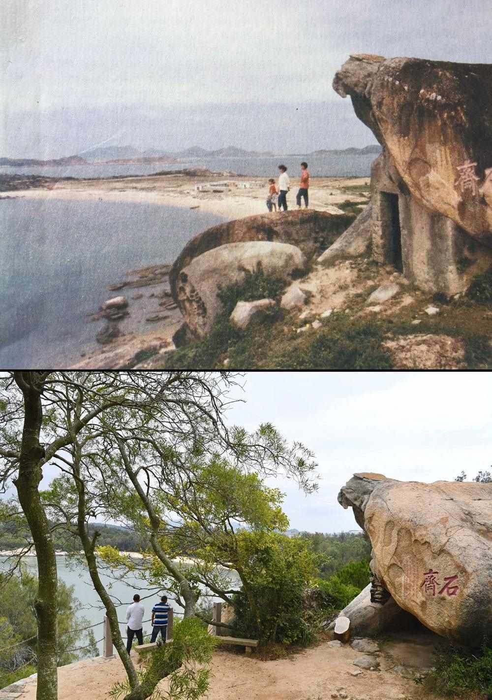 拼版照片，上圖為昔日的東山縣東門嶼鷹嘴巖附近風(fēng)貌（資料照片），下圖為2018年10月17日拍攝的東門嶼鷹嘴巖附近風(fēng)貌。