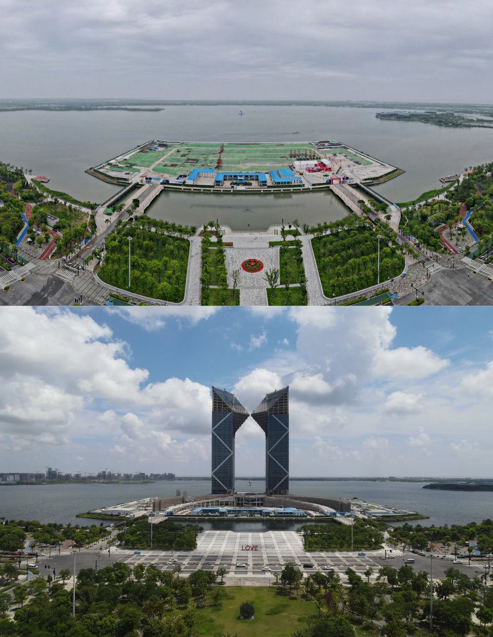 拼版照片：空中俯瞰中國(guó)（上海）自由貿(mào)易試驗(yàn)區(qū)臨港新片區(qū)滴水湖西島中銀金融中心項(xiàng)目現(xiàn)場(chǎng)（上圖為2021年6月20日攝，無(wú)人機(jī)照片；下圖為2024年8月14日攝，無(wú)人機(jī)照片）。2019年8月20日，臨港新片區(qū)揭牌成立，一個(gè)開(kāi)放新高地在長(zhǎng)江與東海交匯處日益崛起。