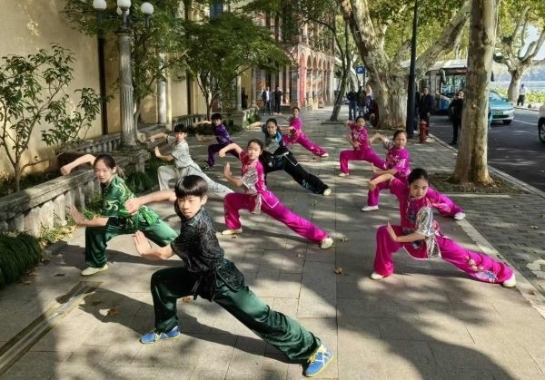 杭州市陳經(jīng)綸體校武術(shù)隊學生們展示中華武術(shù)。 人民網(wǎng)記者 楊磊攝