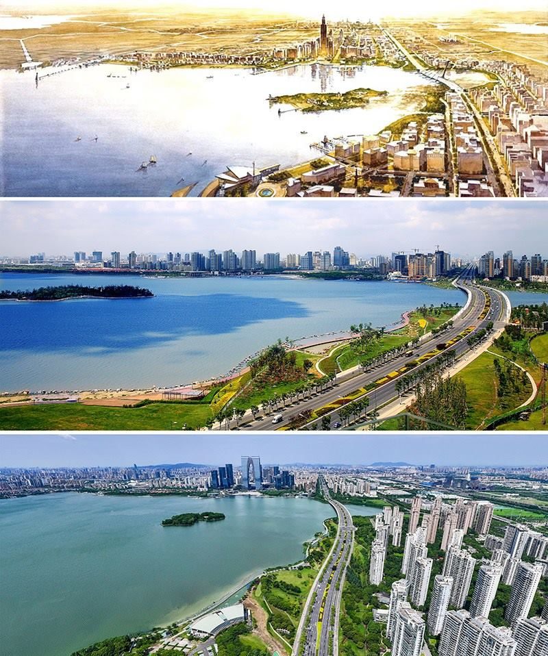 拼版照片：上圖為1994年繪制的蘇州工業(yè)園區(qū)手繪規(guī)劃圖；中圖為2007年拍攝的蘇州工業(yè)園區(qū)；下圖為2023年7月4日用無人機拍攝的蘇州工業(yè)園區(qū)。