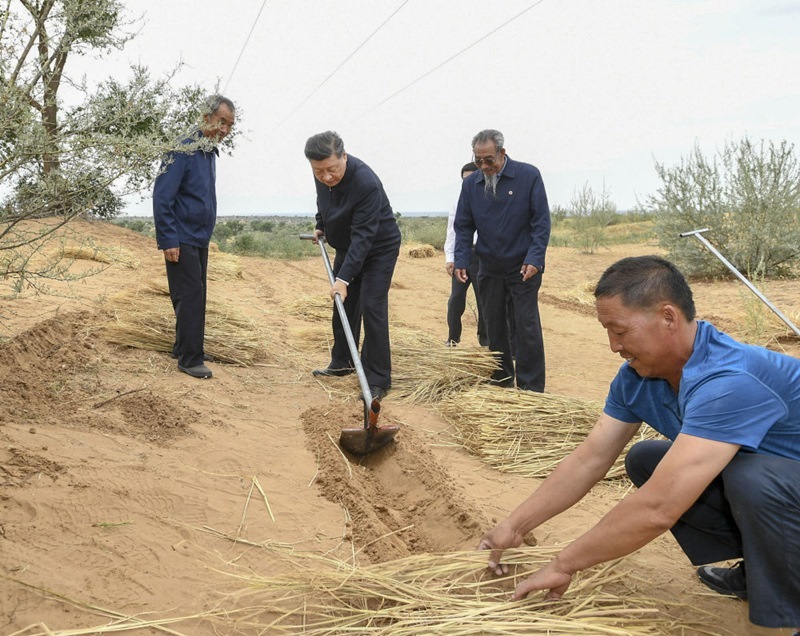 2019年8月21日，習(xí)近平總書記在甘肅武威市古浪縣八步沙林場，和林場職工一起翻沙開溝。