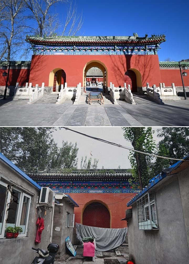位于先農(nóng)壇內(nèi)的慶成宮，曾長(zhǎng)時(shí)間被雜亂的民居占據(jù)。在北京中軸線申遺保護(hù)工作的帶動(dòng)下，北京完成了慶成宮區(qū)域文物征收騰退、非文物建筑拆除、彩畫保護(hù)、本體修繕、展覽布陳等，讓560多年歷史的古建群重新回歸。2024年12月，北京中軸線上先農(nóng)壇內(nèi)的慶成宮首次面向社會(huì)公眾開放。上圖為騰退修繕后的慶成宮內(nèi)宮門（資料照片）；下圖為翻拍的慶成宮內(nèi)宮門騰退修繕前的資料照片（2024年12月21日攝）。